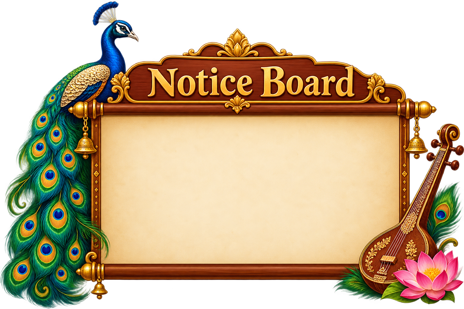 Decorative peacock and veena notice board with a clear central writing panel