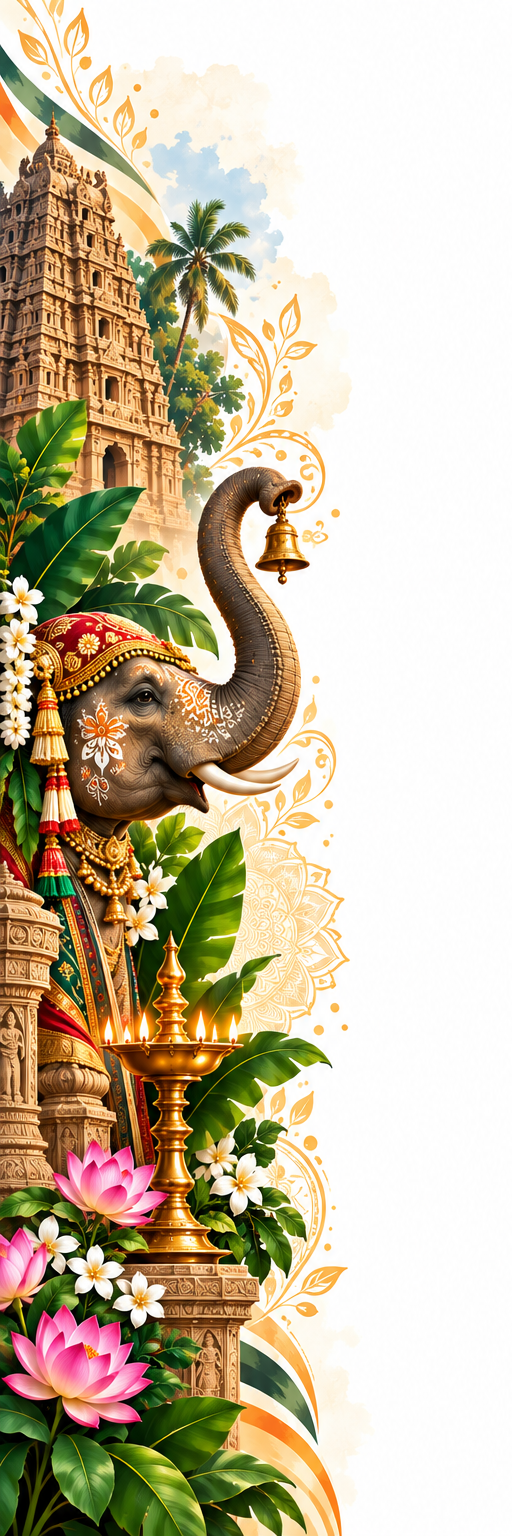 Indian cultural panel with a temple, elephant and lotus