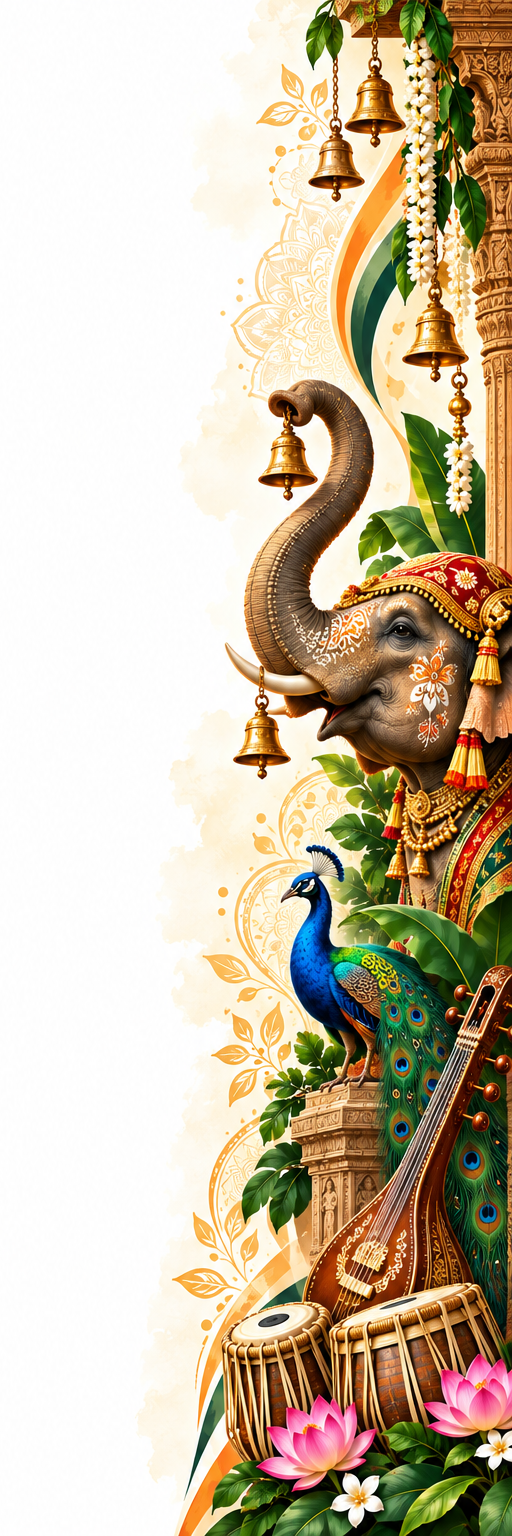 Indian cultural panel with a veena, peacock, elephant and temple